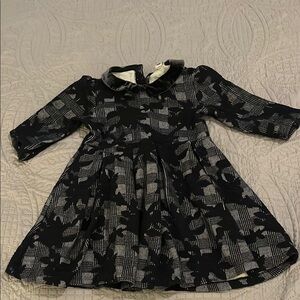 Janie and Jack Black and Gray Long Sleeve Dress with Velvet Peter Pan Collar